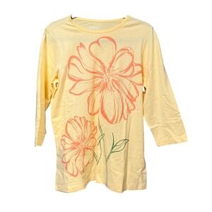 Signals‎ Womens Yellow Floral Graphic 3/4 Sleeve Cotton Knit Top Size S
